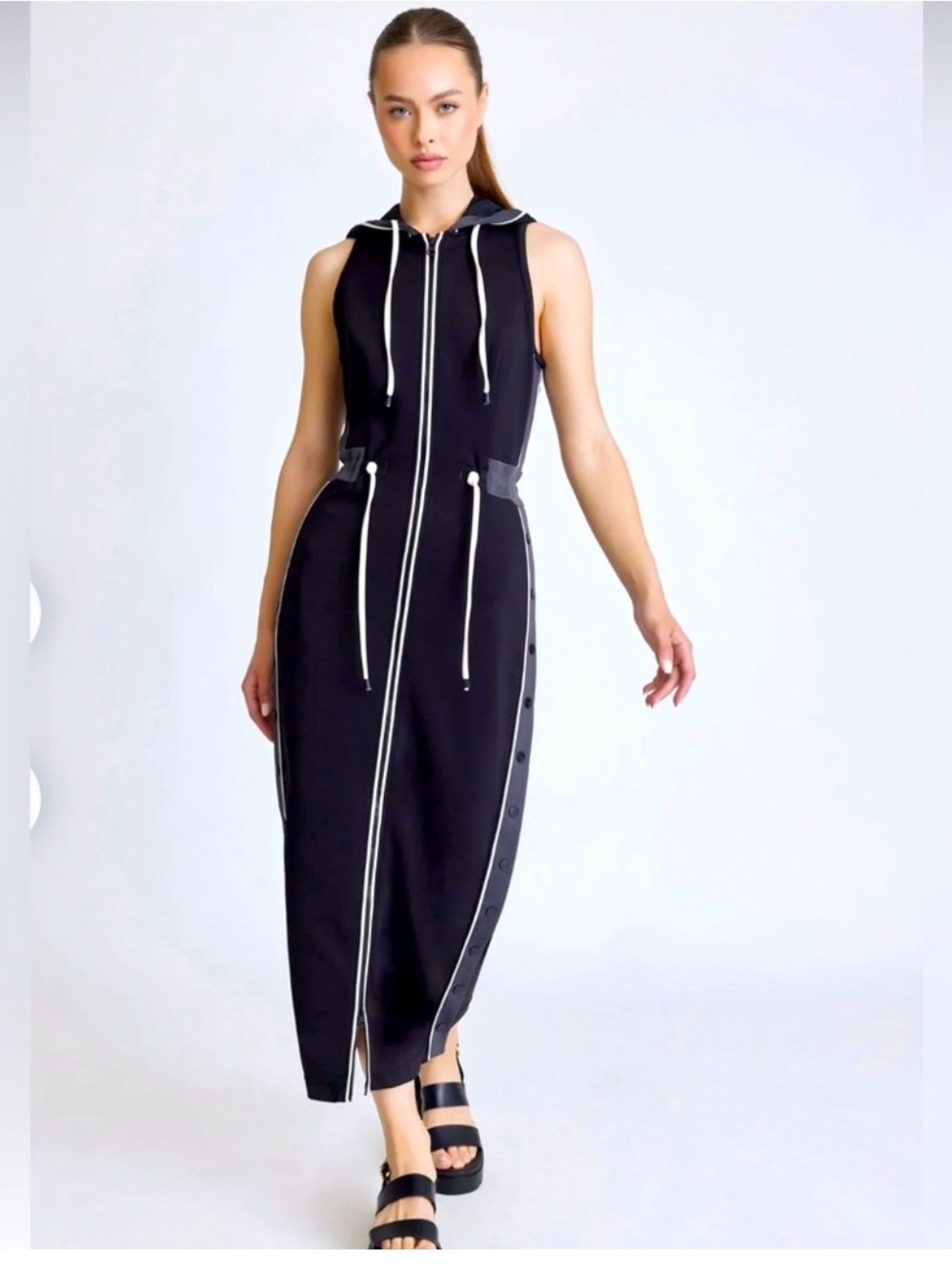 blanc noir Black Sleeveless Hooded Zip-Front Maxi Dress with White Trim
